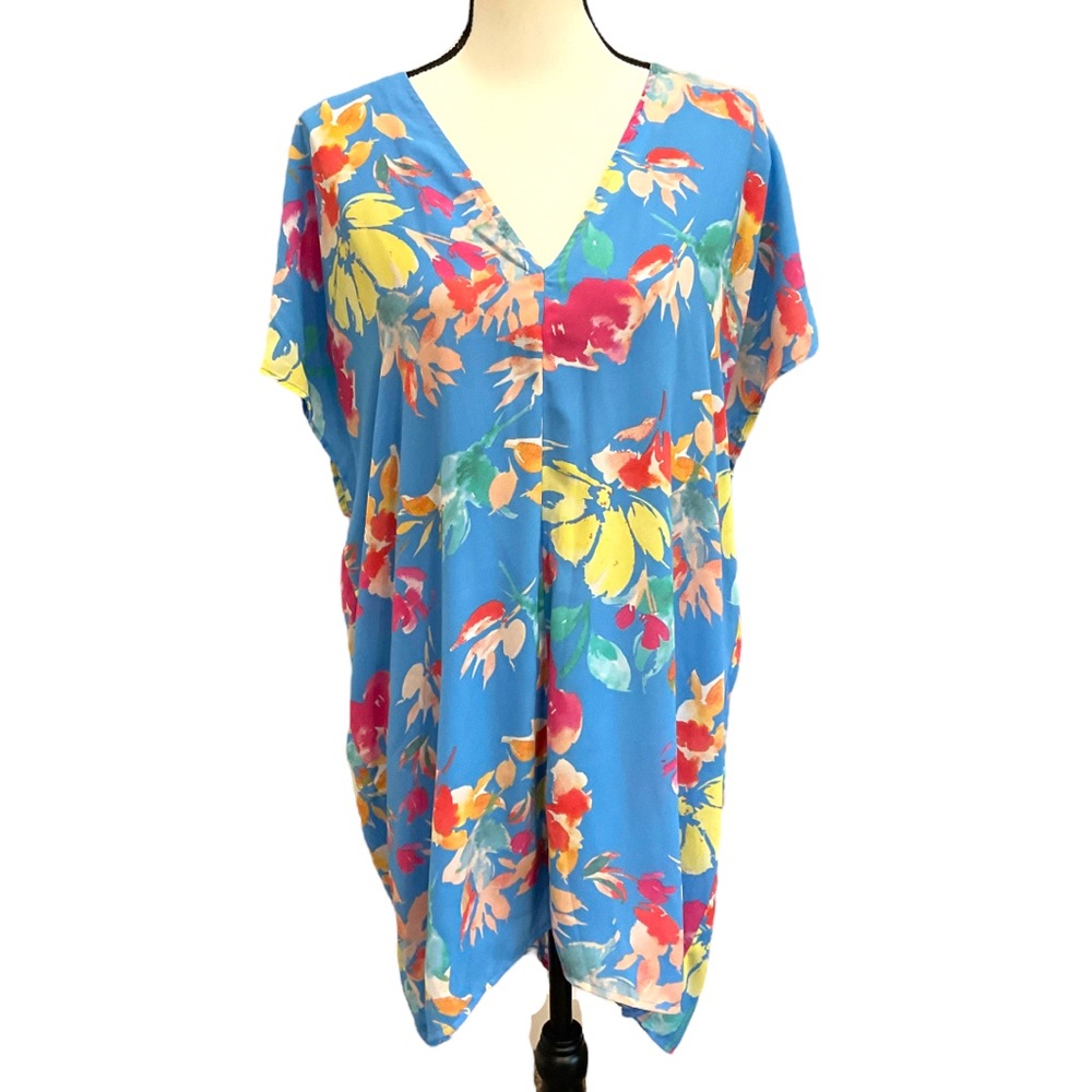 Karlie Women's Dress Tunic Sz Medium Blue Pink Floral V-Neck Short Sleeves Lined
